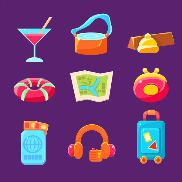 Travel Related Objects Colorful Simplified Icons — Stock Vector