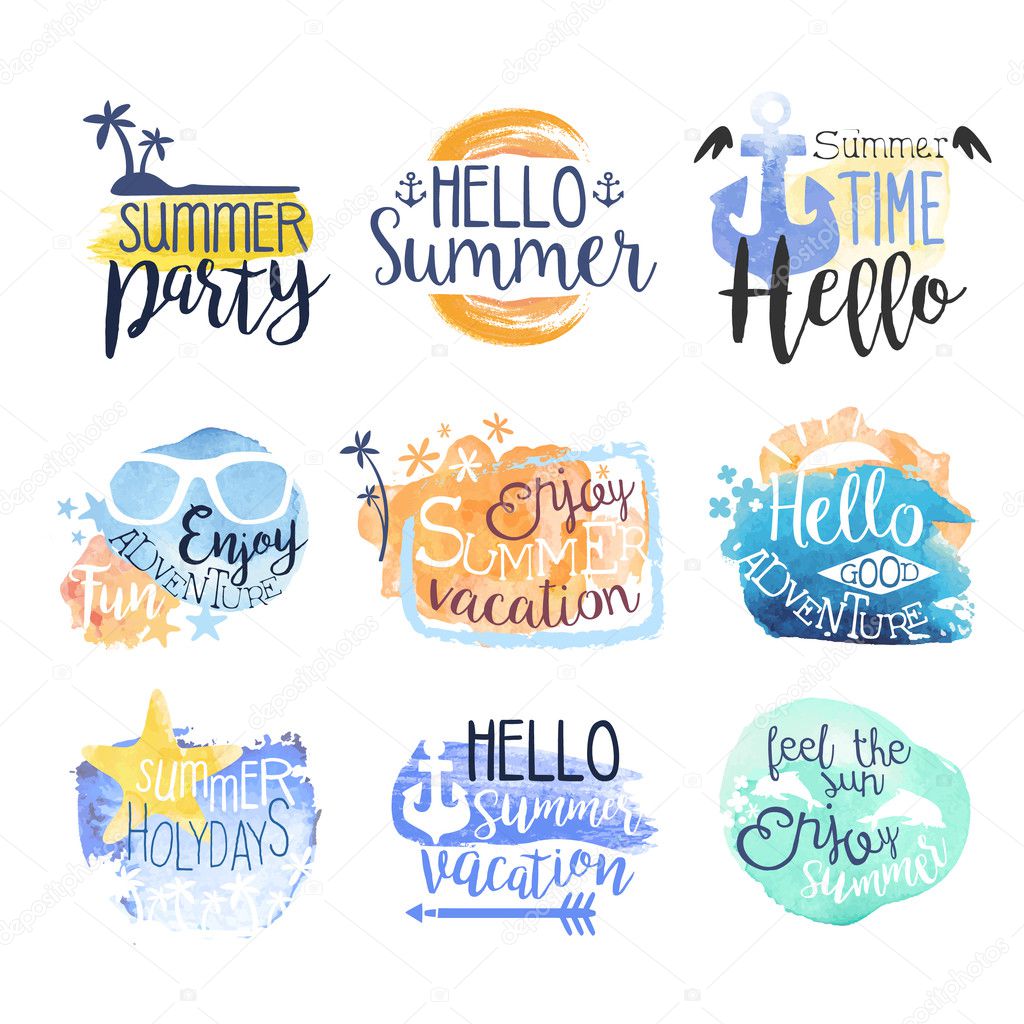 Summer Beach Vacation Promo Signs Colorful Set Of Watercolor Stylized Logo With Text On White Background