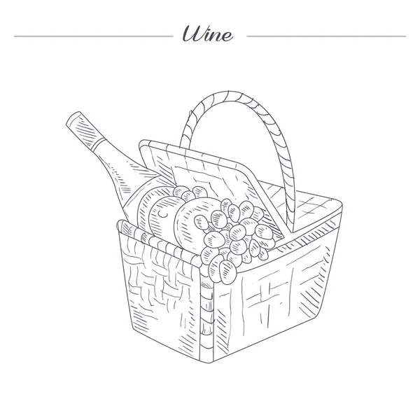 Picnic Basket With Wine Hand Drawn — Stock Vector