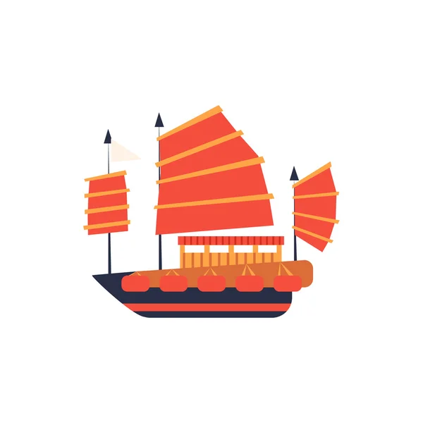 Chines Junk båt med röd segel — Stock vektor