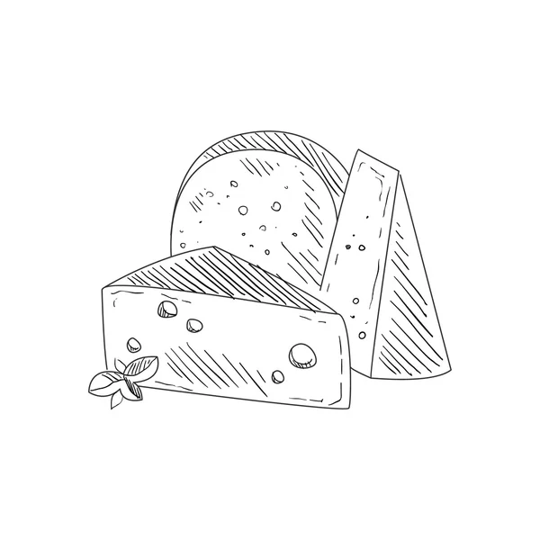 Set von drei verschiedenen Käsesorten von Hand gezeichnet — Stockvektor