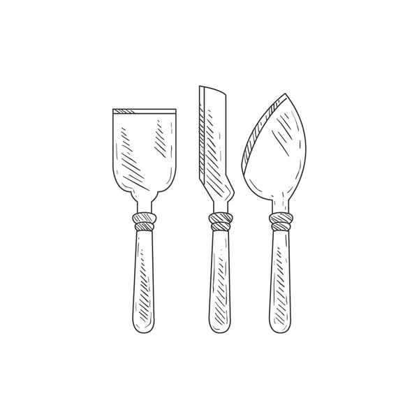 Tre coltelli speciali per formaggio disegnati a mano — Vettoriale Stock