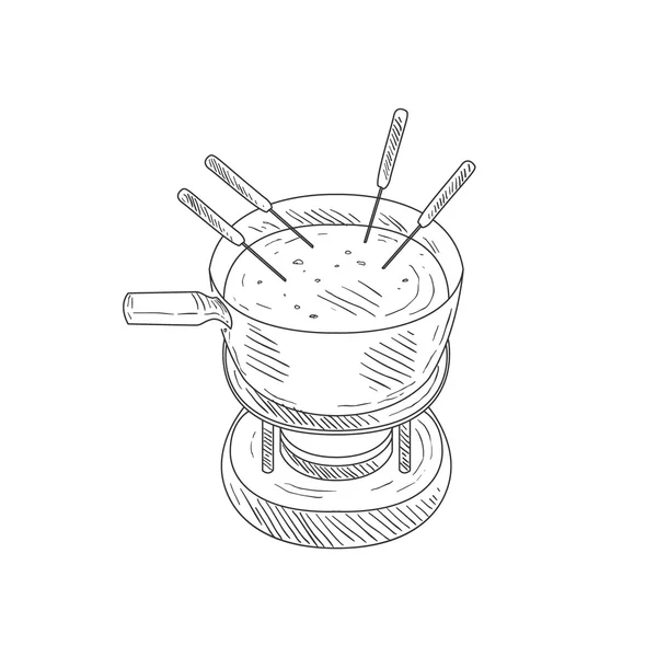 Tigela com fondue de queijo desenhado à mão — Vetor de Stock