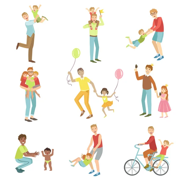 Fathers Playing With Kids Set Of Illustrations — Stock Vector