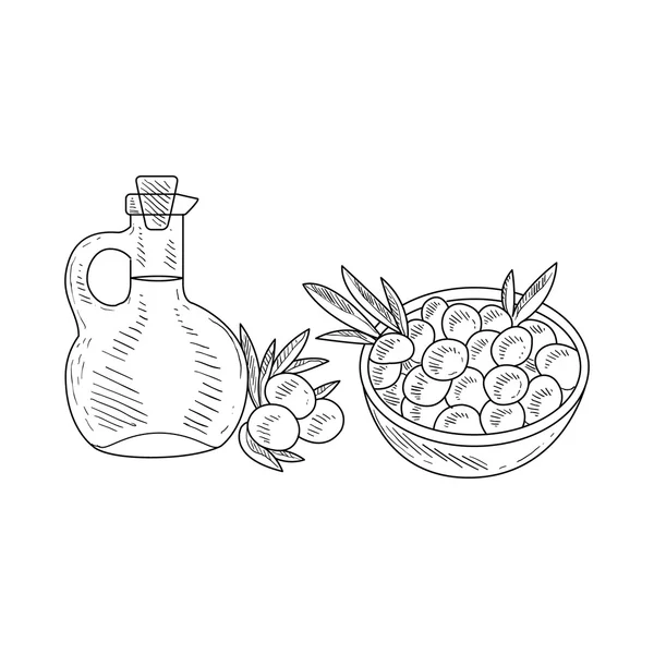 Aceitunas y jarra de aceite de oliva — Archivo Imágenes Vectoriales