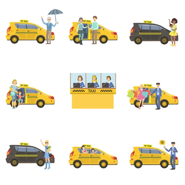 Taxi autók, a járművezetők és az ügyfelek beállítása — Stock Vector