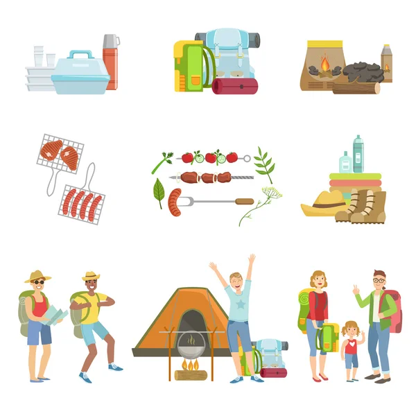 People Camping And Their Equipment Set — Stock Vector