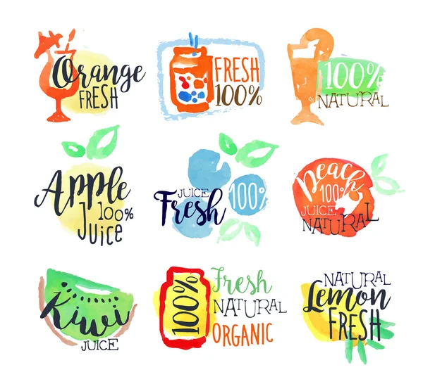 Conjunto colorido de sinais promocionais de suco de frutas frescas — Vetor de Stock