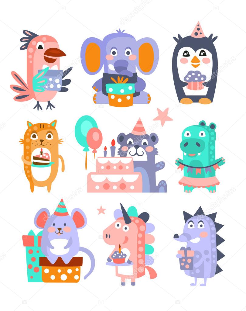 Animali stilizzati Funky pleanno celebrazione Sticker Set Stylized colorato piatto immagini vettoriali per i bambini su priorit  bassa bianca