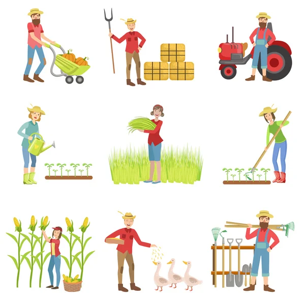 Gente trabajando en la granja — Vector de stock