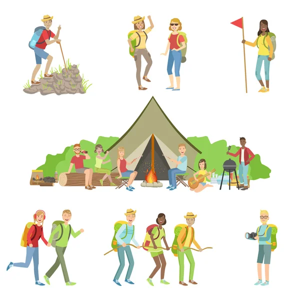 Young Friends On Hiking Trip Set — Stock Vector