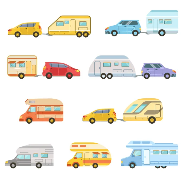Minivan colorato Rv con rimorchio serie di icone — Vettoriale Stock