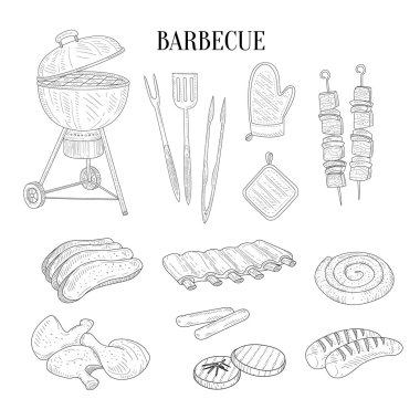 Barbekü İlgili İzole Öğeler Ve Gıda El Çizilmiş Gerçekçi Sketch