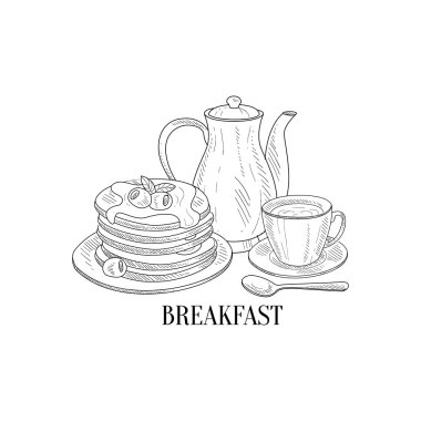 Krep ve Kahve Elle Çizilmiş Gerçekçi Sketch ile Amerikan Kahvaltı