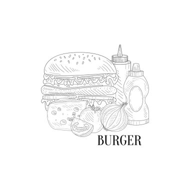 Burger, Ketçap Ve Hardal El Çizilmiş Gerçekçi Sketch