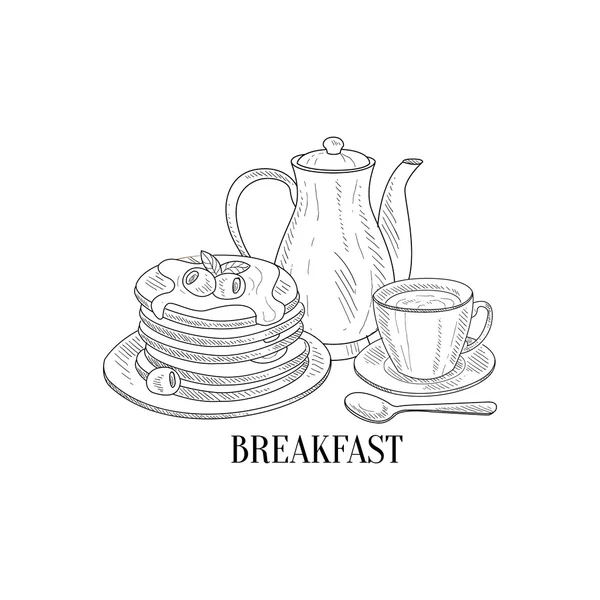 American Breakfast With Pancakes And Coffee Hand Drawn Realistic Sketch — Stock Vector