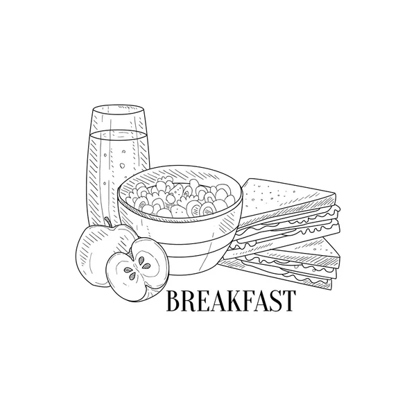 Desayuno con gachas, bocadillo y jugo dibujado a mano boceto realista — Vector de stock