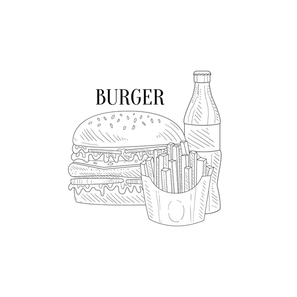 Hamburger, soda en frietjes hand getekende realistische schets — Stockvector