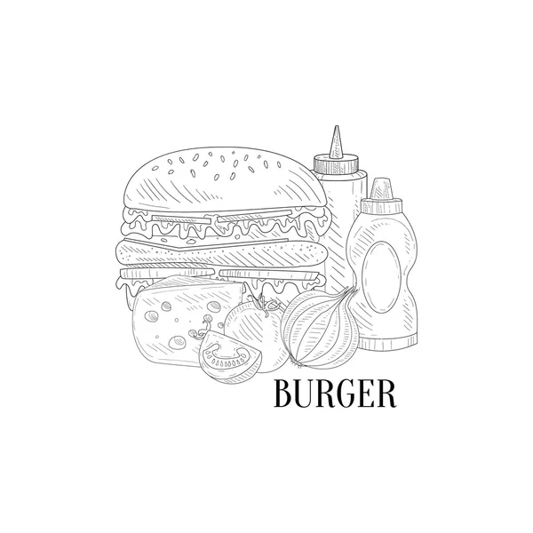 Burger, ketchup i musztardowy ręcznie rysowane realistyczny szkic — Wektor stockowy