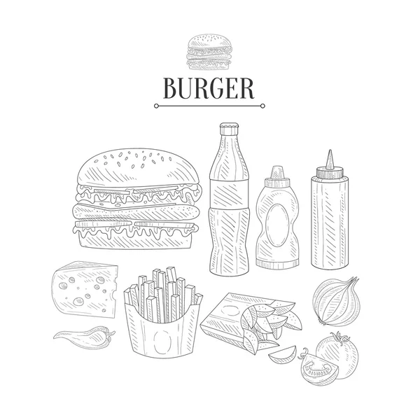 Fast food lunch zestaw ręcznie rysowane realistyczny szkic — Wektor stockowy