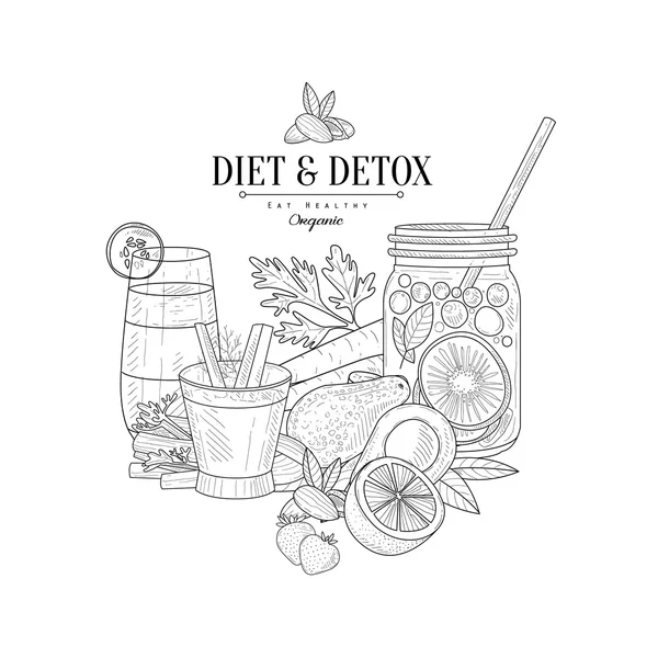Detox i dieta świeże jedzenie pić ręcznie rysowane realistyczny szkic — Wektor stockowy
