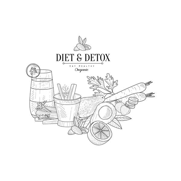 Zestaw detox wegetariańskie jedzenie ręcznie rysowane realistyczny szkic — Wektor stockowy