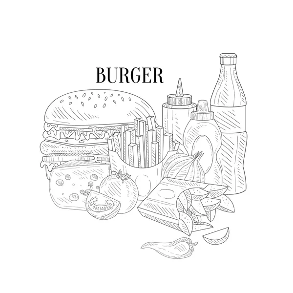 Burger z frytkami i sody Fast Food obiad ręcznie rysowane realistycznie szkicu — Wektor stockowy
