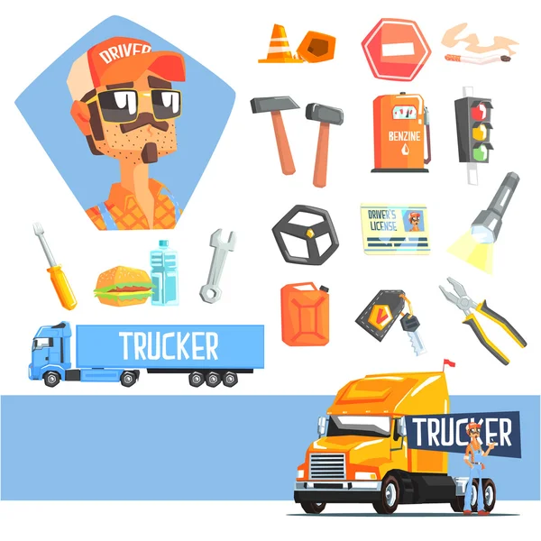 Řidič kamionu dálkových a prvky vztahující se k této práci — Stockový vektor