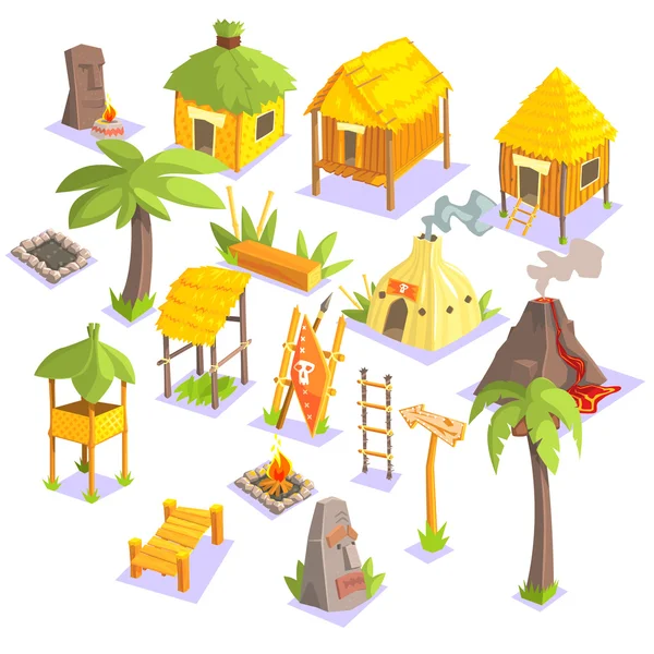 Jungle Tribal Living Houses and Other Objects - Stok Vektor