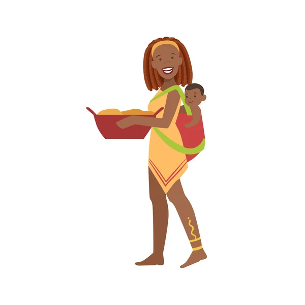 Mujer con el bebé en la espalda de la tribu indígena africana — Vector de stock