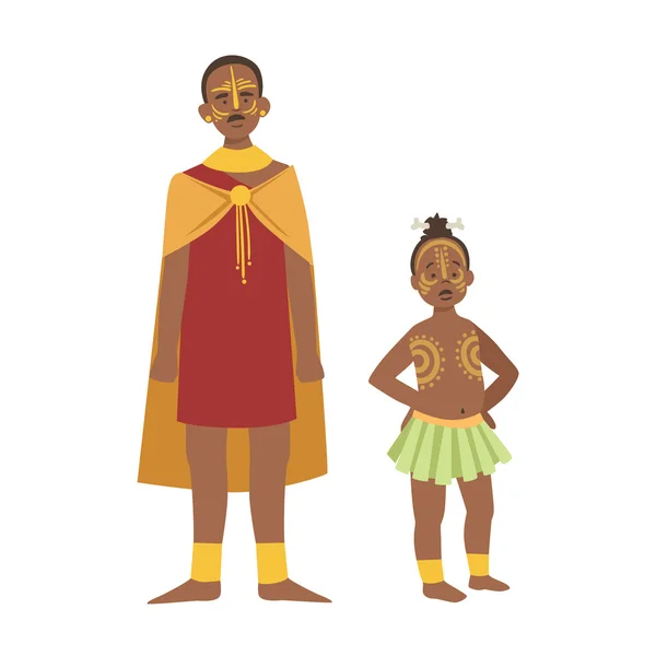 Jefe y su hijo en falda de tribu indígena africana — Vector de stock