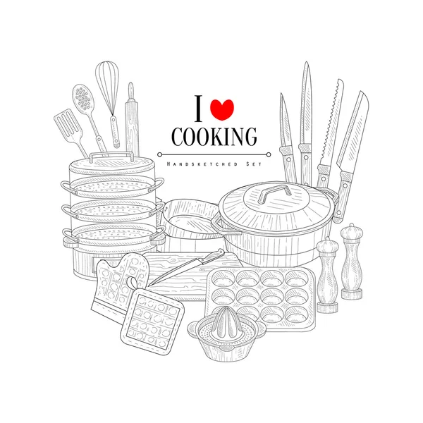 Love For Cooking Hand Drawn Realistic Sketch — Stock Vector