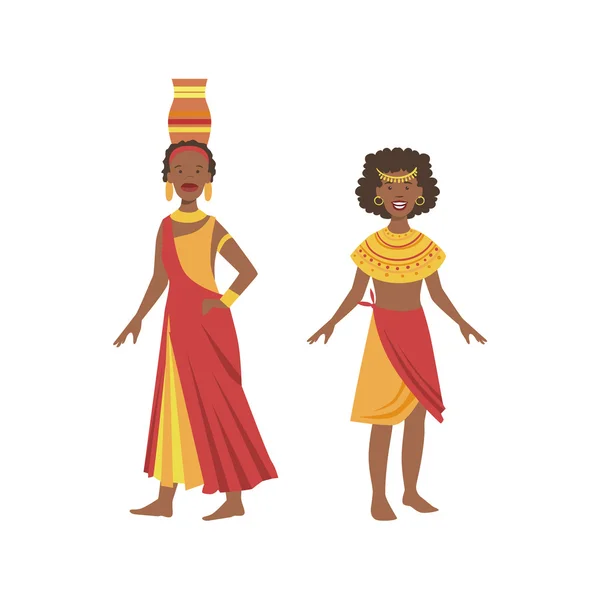 Dos mujeres en vestidos amarillos y rojos de la tribu indígena africana — Archivo Imágenes Vectoriales