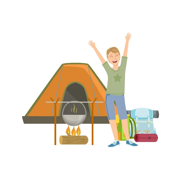 Cheerful Man With Tent, Bonfire And Backpack — Stock Vector