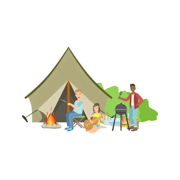 Friends Doing Barbecue With The Bonfire And Tent — Stock Vector