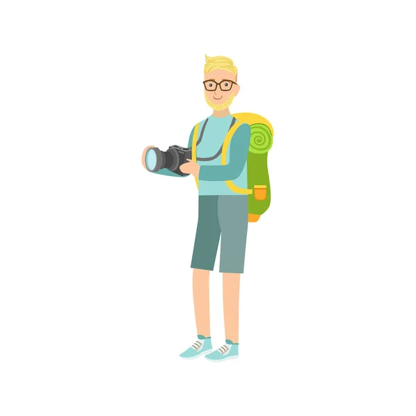 Homme avec la caméra et sac à dos — Image vectorielle