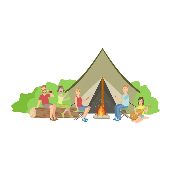 Friends Camping Together Sitting Next To Bonfire — Stock Vector