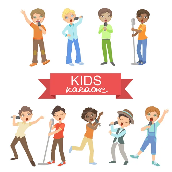 Young Boys Singing In Karaoke — Stockvector