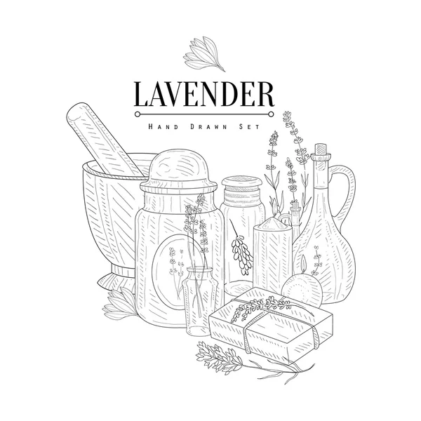 ลาเวนเดอร์ผลิตภัณฑ์ธรรมชาติมือวาดสเก็ตช์สมจริง — ภาพเวกเตอร์สต็อก