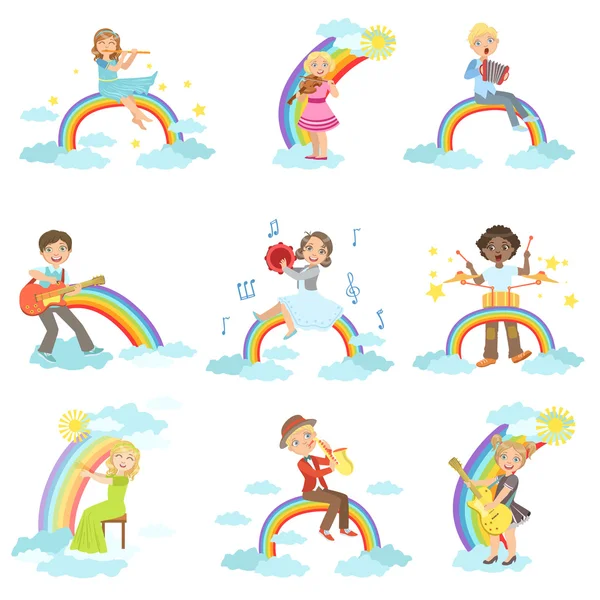 Kinder spielen Musikinstrumente mit Regenbogen- und Wolken-Deko — Stockvektor