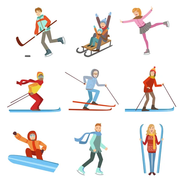 People doing Winter Sports Illustration Set - Stok Vektor