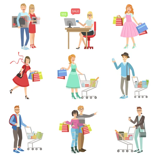 People Shopping For Clothes And Grocery — Stock Vector