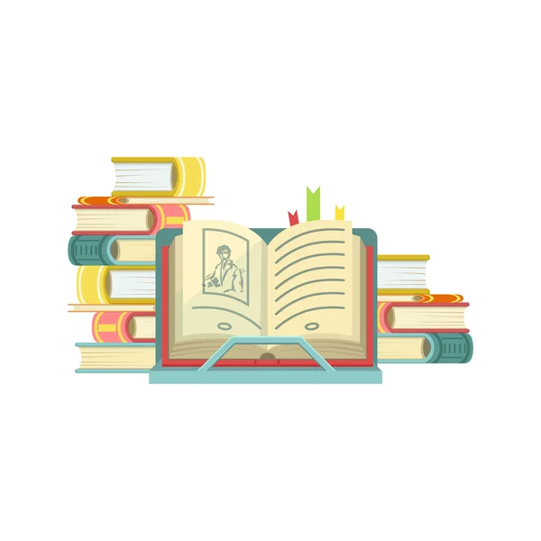 Libro aperto con mucchi di libri sullo sfondo — Vettoriale Stock
