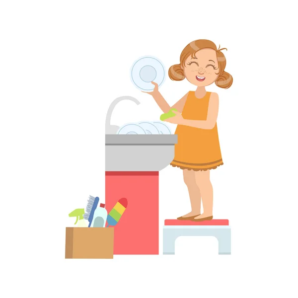 Chica lavando los platos en grifo — Vector de stock