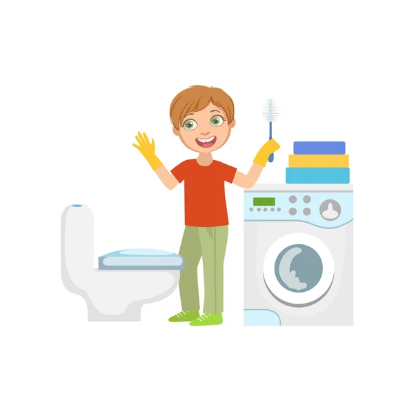 Dreng rengøring toilettet med børste i badeværelset – Stock-vektor