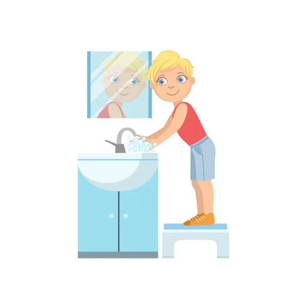 Pojke tvätta händerna i badrum Tap — Stock vektor