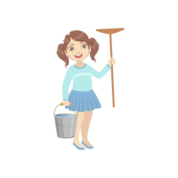 Девушка, держащая ведро с водой и шваброй — стоковый вектор