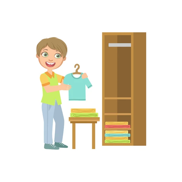 Αγόρι βάζοντας καθαρά ρούχα στη συρταριέρα — Διανυσματικό Αρχείο