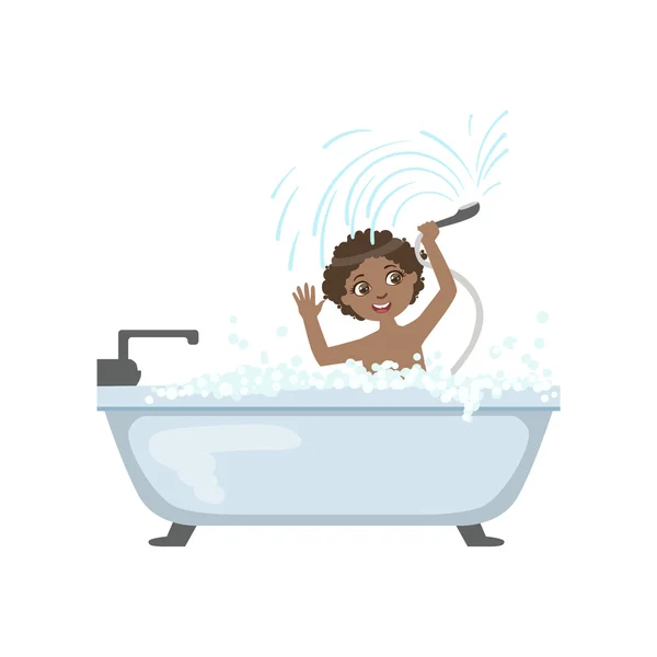 Chico tomando el baño y jugando con ducha — Vector de stock