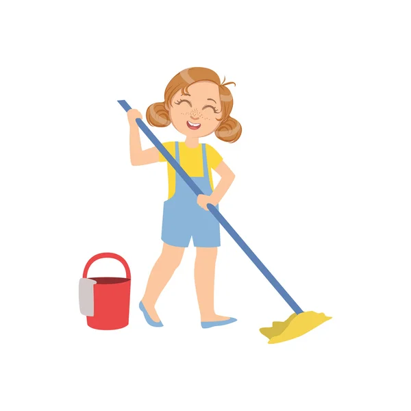 Menina Mopping o chão com balde — Vetor de Stock
